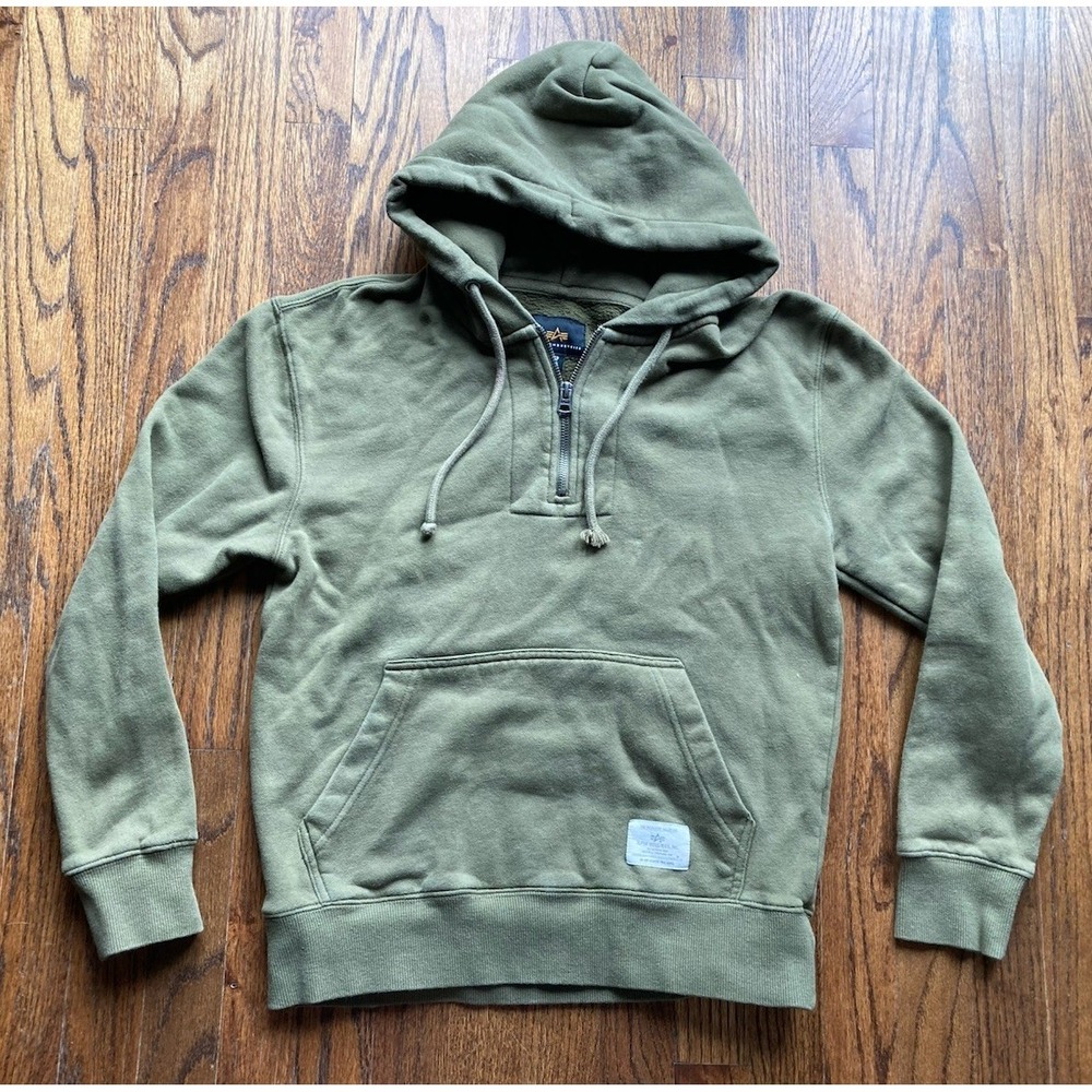 Alpha Industries Hoodie Mens Size XS Olive Geeen 1/4 Zip Cotton Blend Military